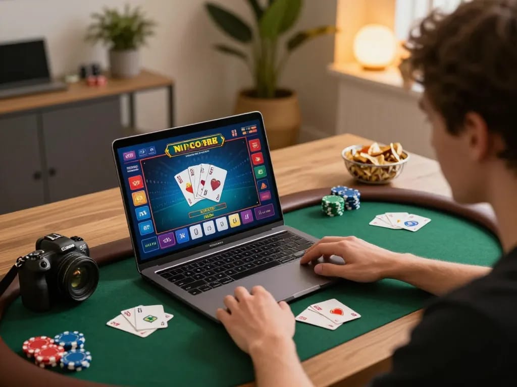 Engaged player enjoying iwin sòng bạc thượng lưu on a laptop, showing poker game interface.