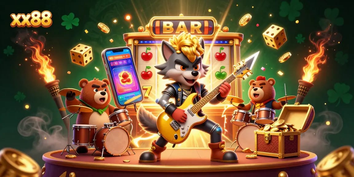 Engage with lively casino action at xx88 featuring dynamic games like slots, illustrated in vibrant 3D style.