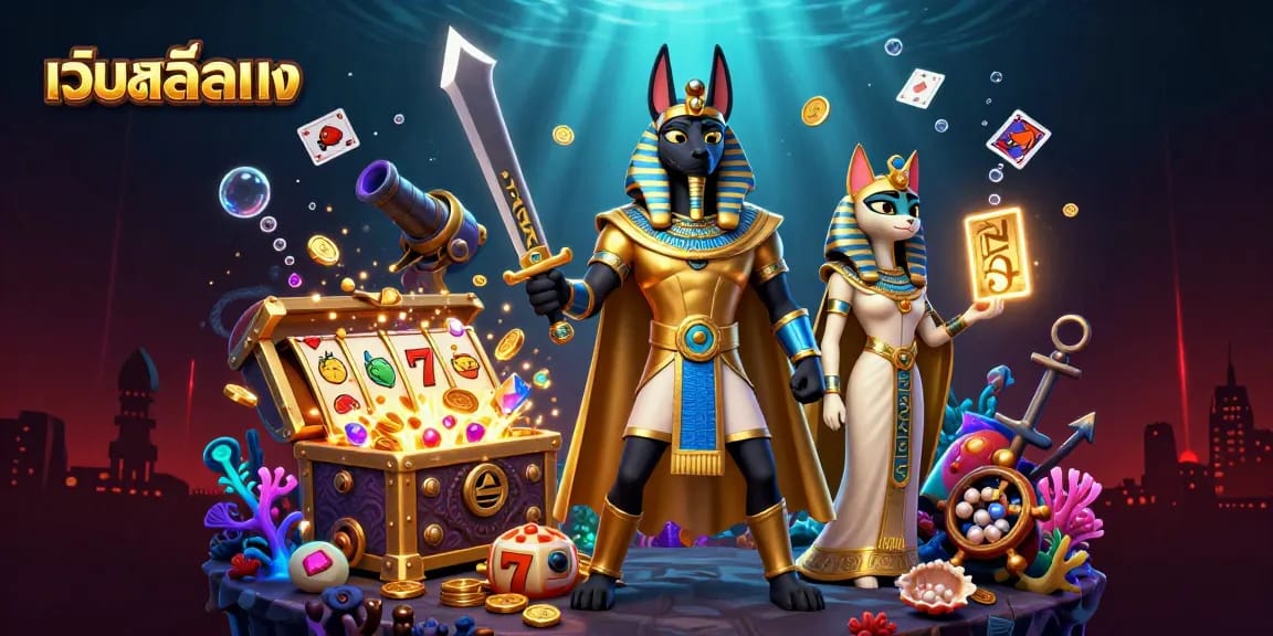 Experience the thrill of เว็บสล็อตตรง with Anubis and Bastet amidst treasure and slot reels.