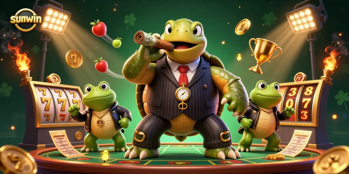 Engage with sunwin casino adventures featuring a turtle mobster and bullfrog enforcers in a lively slot scene.