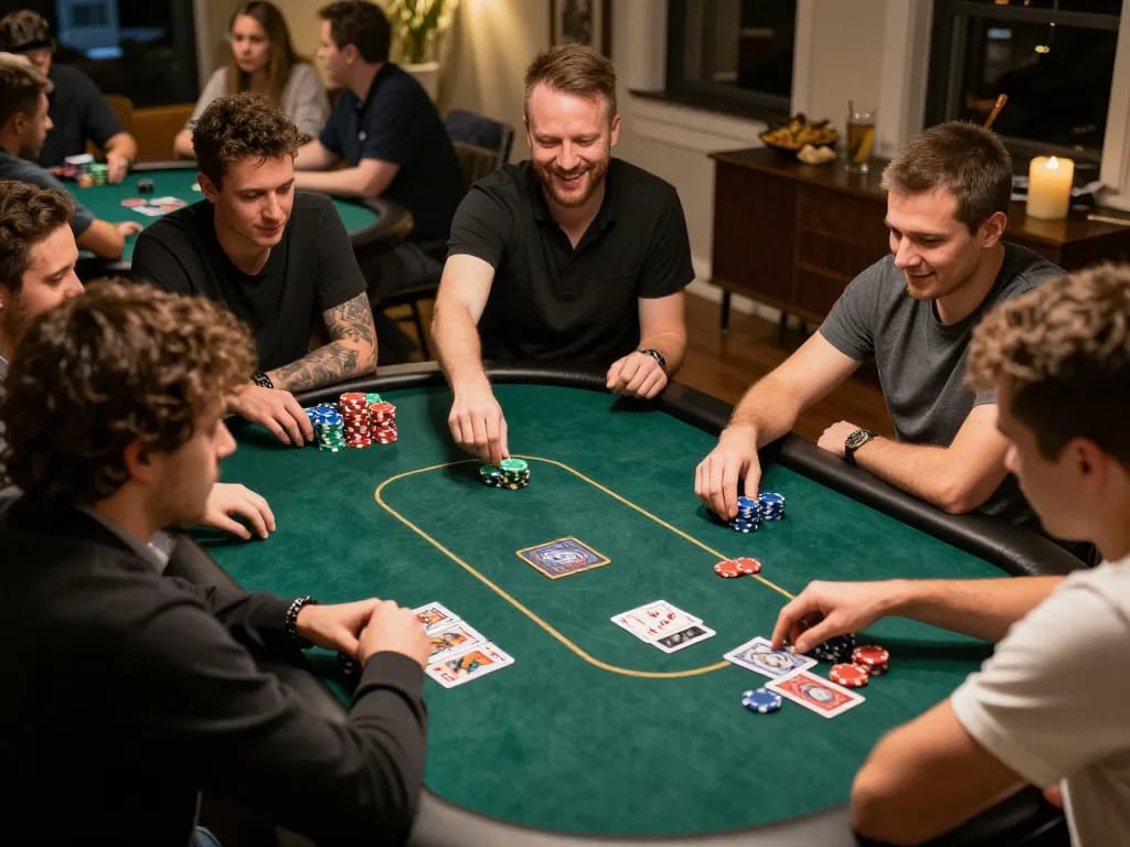 Players enjoying a lively poker night at home, showcasing a strategic moment with Rik vip gaming excitement