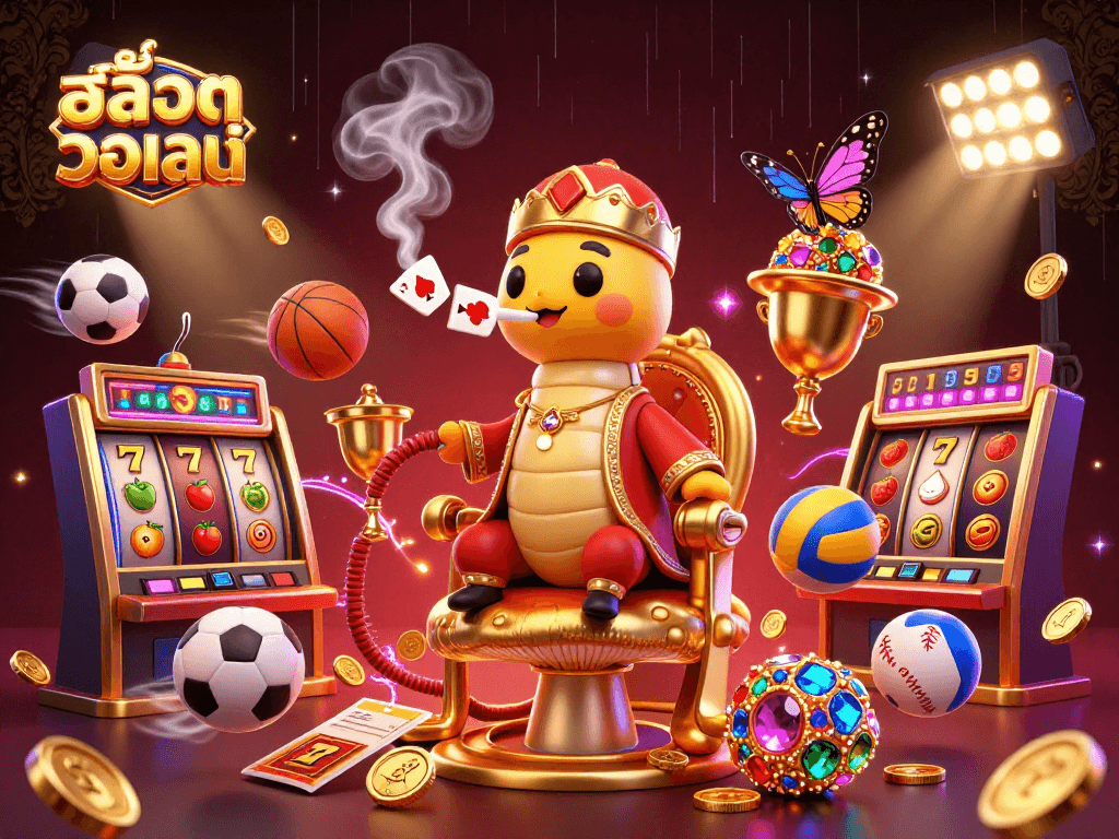 Experience high-energy gaming with สล็อตวอเลท, illustrated with dynamic characters and vibrant casino elements.