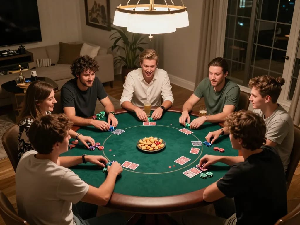 King33 players strategizing during a vibrant home poker game with chips and cards visible