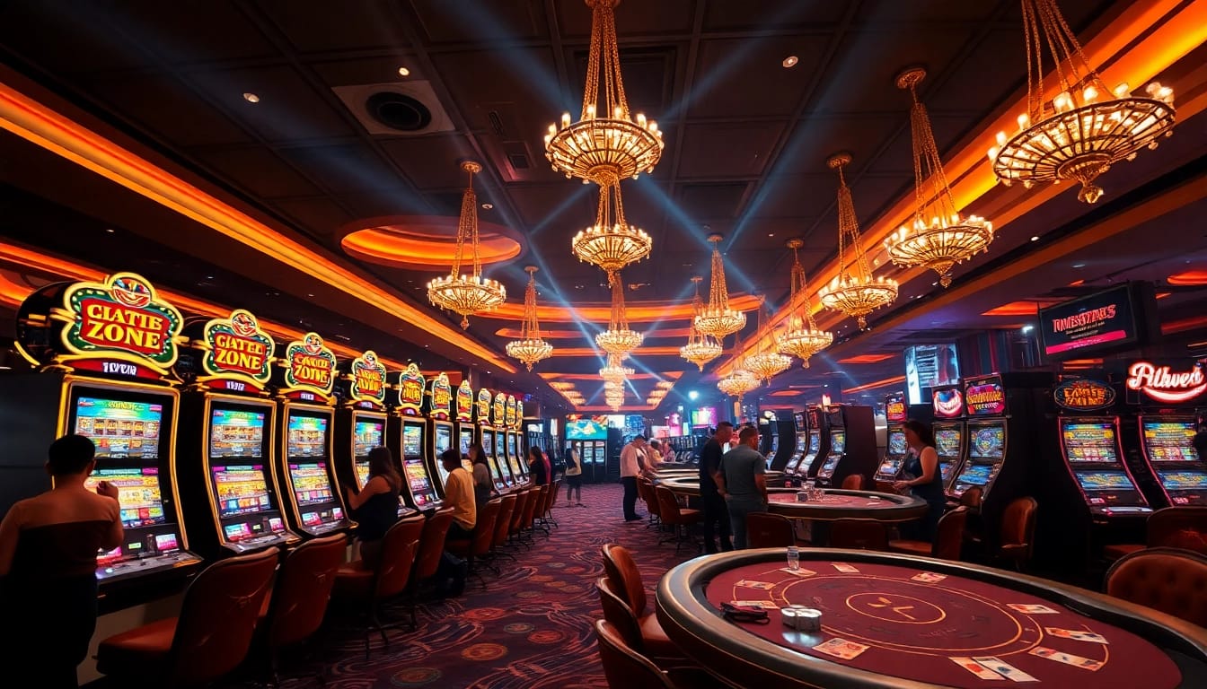 Experience the thrill of winstrike69 slots with players engaged in high-stakes games in a vibrant casino.