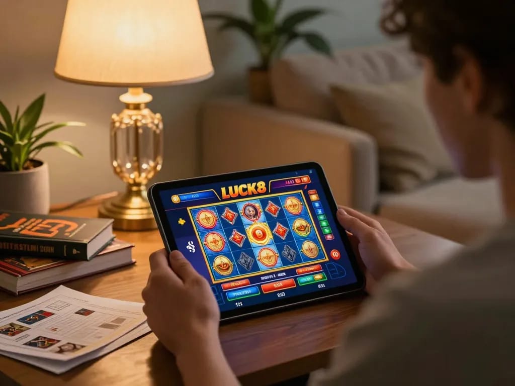 Người chơi LUCK8 tương tác với ứng dụng casino trên máy tính bảng, nổi bật với những trò chơi slot đầy màu sắc trong một môi trường ấm cúng tại nhà.
