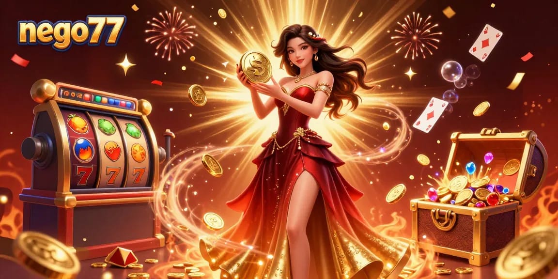 Engage with exciting games at nego77; stunning casino scene with gold coins and slot elements.