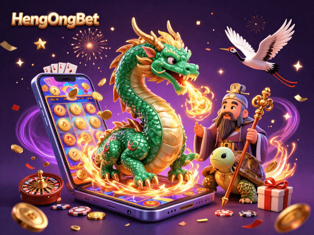 Experience the excitement of HengOngBet with vibrant dragons and lucky symbols in a dynamic casino scene.