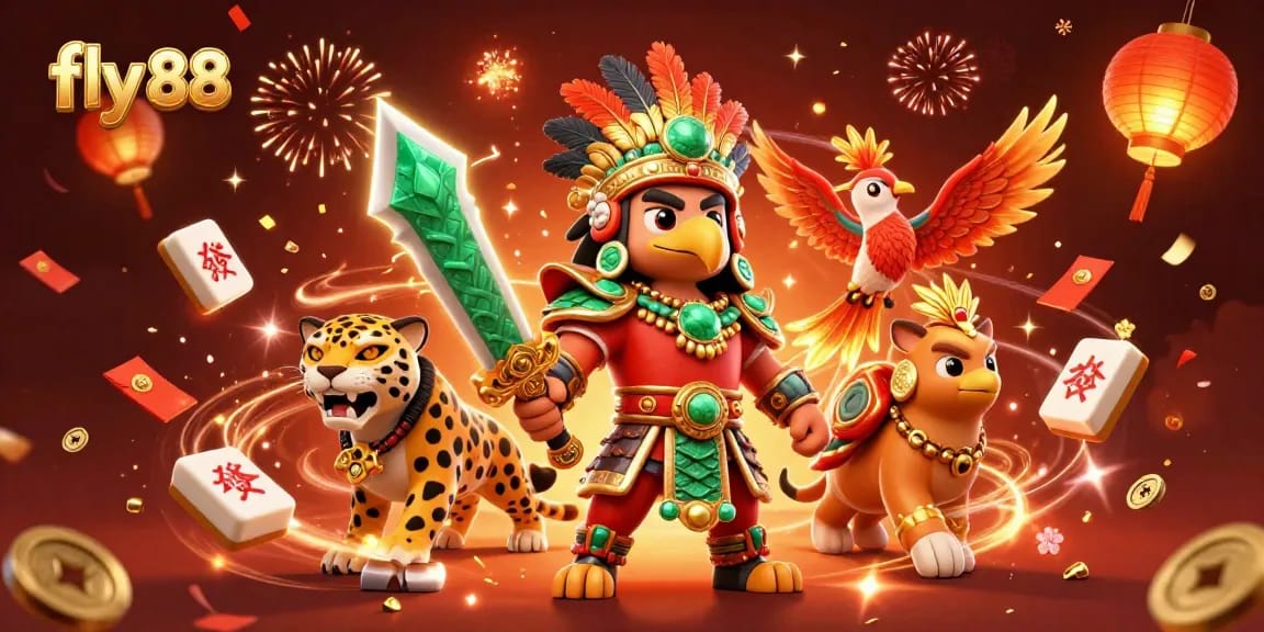Engage with the thrilling world of fly 88 as the Aztec warrior and jaguar companion celebrate amidst vibrant gaming elements.