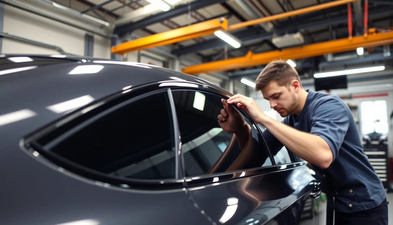 Application of ceramic window tint on a modern vehicle in a professional setting.