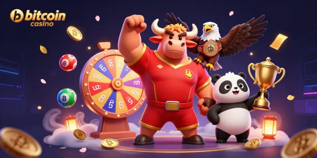 Experience excitement at a bitcoin casino with animated characters and vibrant gambling elements.
