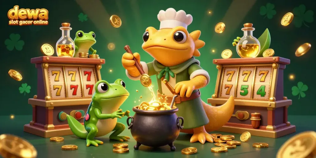 Permainan dewa slot gacor online menampilkan salamander alkemis simbol keberuntungan dikelilingi koin emas.