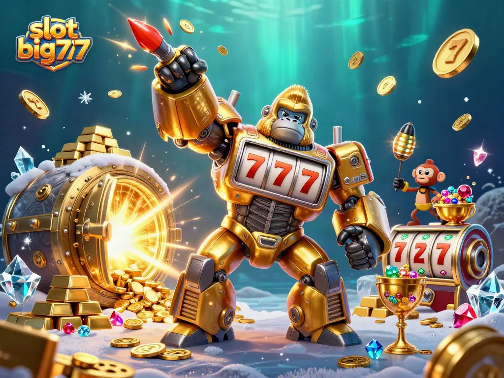 Experience the thrill of slot big777 with a powerful golden gorilla mech bursting with treasures!