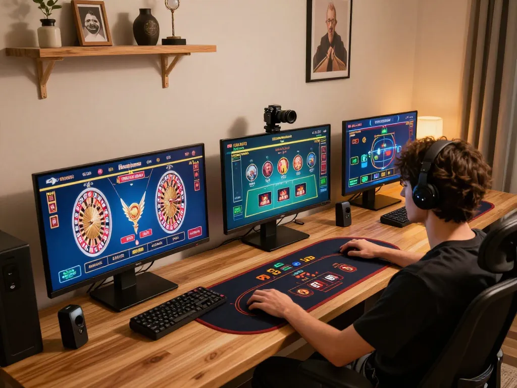 Player enjoying online casino games on tr88 platform, strategic moves in a cozy gaming setup