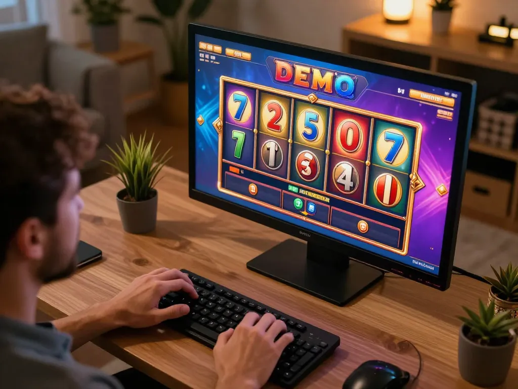 Engaging in Demo Slot Pragmatic online gaming session from home, showcasing vibrant reels.
