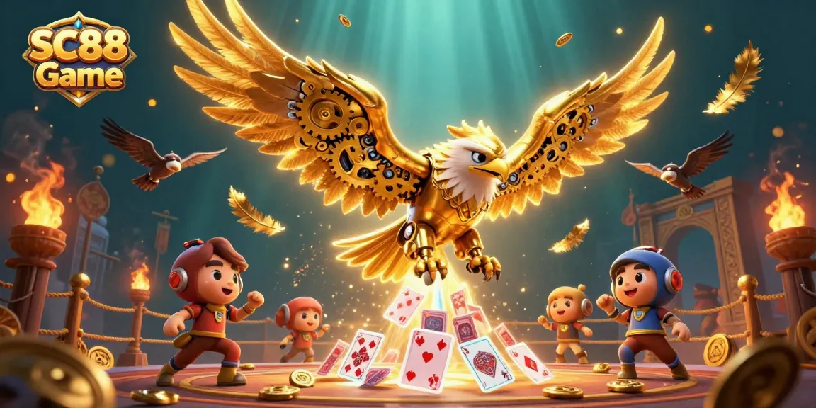 Engage in thrilling gameplay with SC88 Game featuring a cybernetic golden eagle and dynamic casino elements.