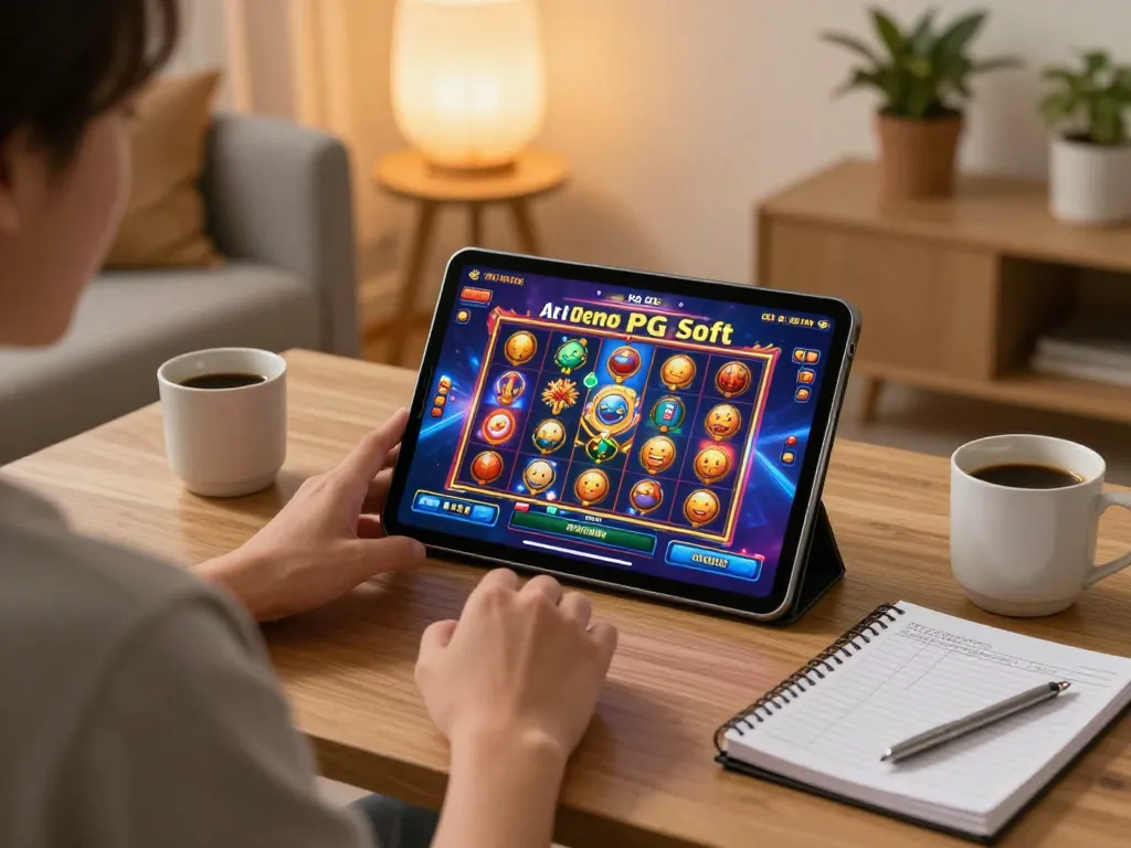 Sesi permainan slot mobile Akun Demo PG Soft dalam pengaturan rumah yang nyaman, menunjukkan gameplay yang antusias.