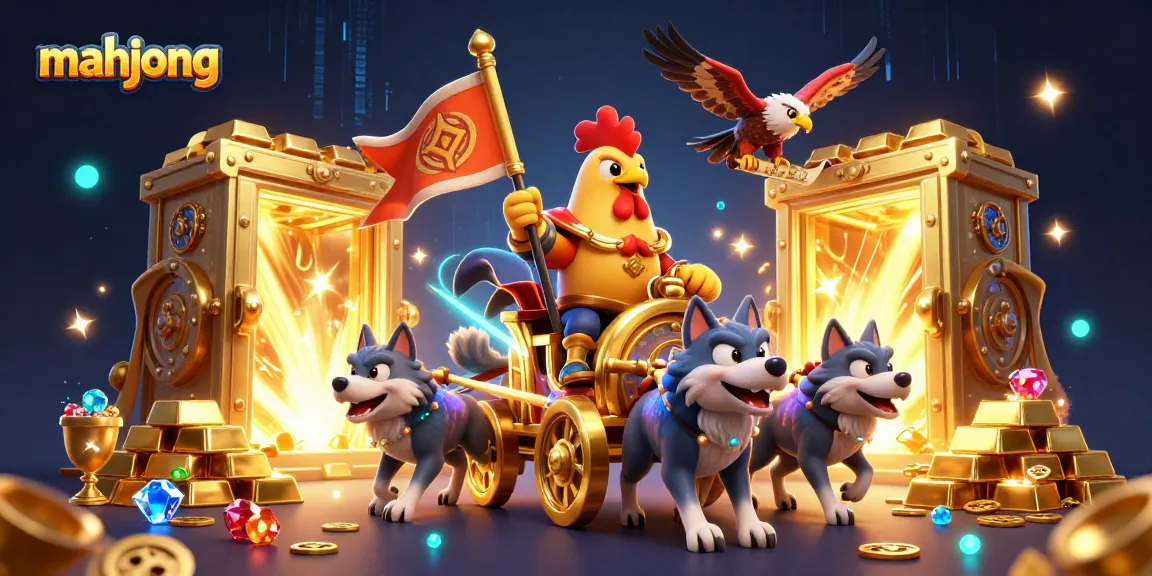 Engage with mahjong excitement featuring a dynamic 3D illustration of a rooster warlord and treasure elements.