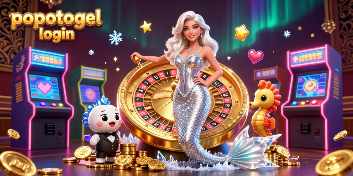 Engage in thrilling gameplay with popotogel login as a glamorous mermaid celebrates by a golden roulette wheel.