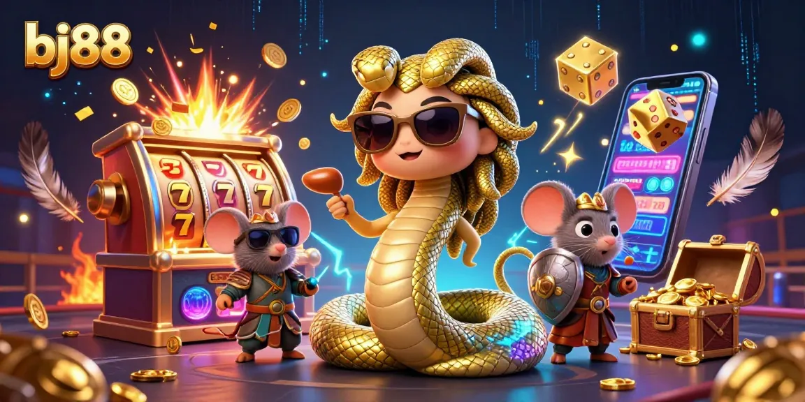 Engage in thrilling bj88 cockfighting with Medusa and a warrior mouse, amidst jackpot celebrations.