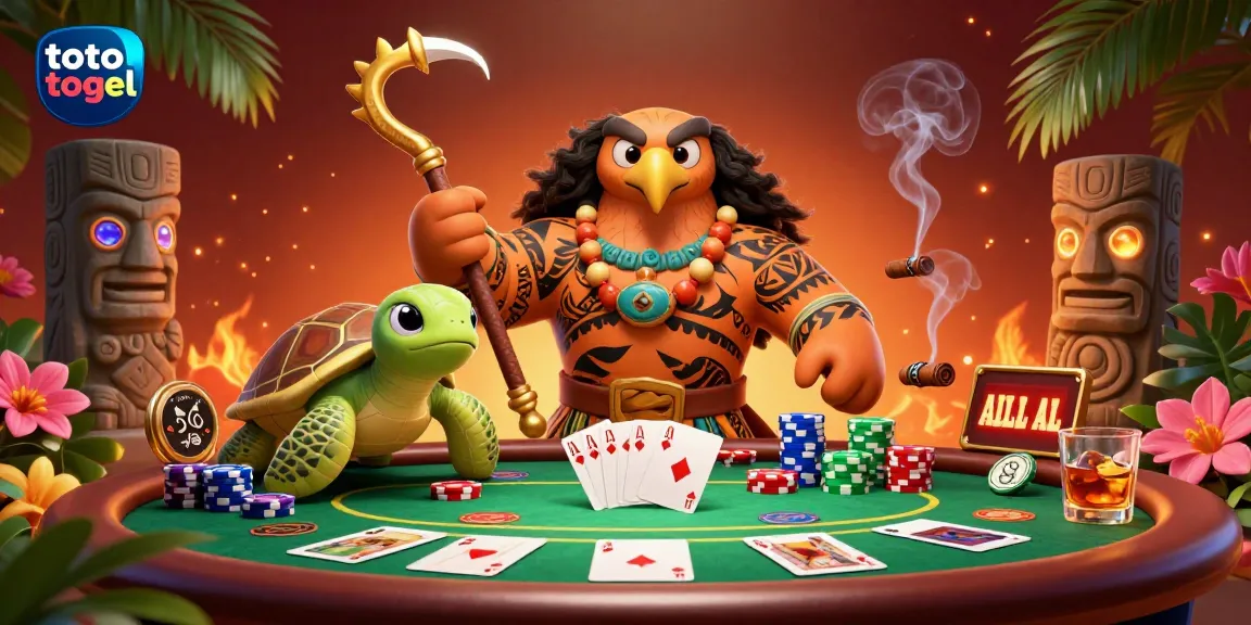 Engaging scene featuring a hawk and turtle playing poker at a vibrant table, reflecting the excitement of toto togel gaming.