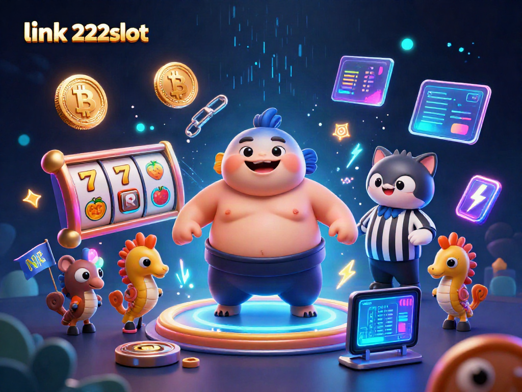 Link 222slot menang besar dengan permainan slot, fugu raksasa bersaing dalam arena bawah laut.