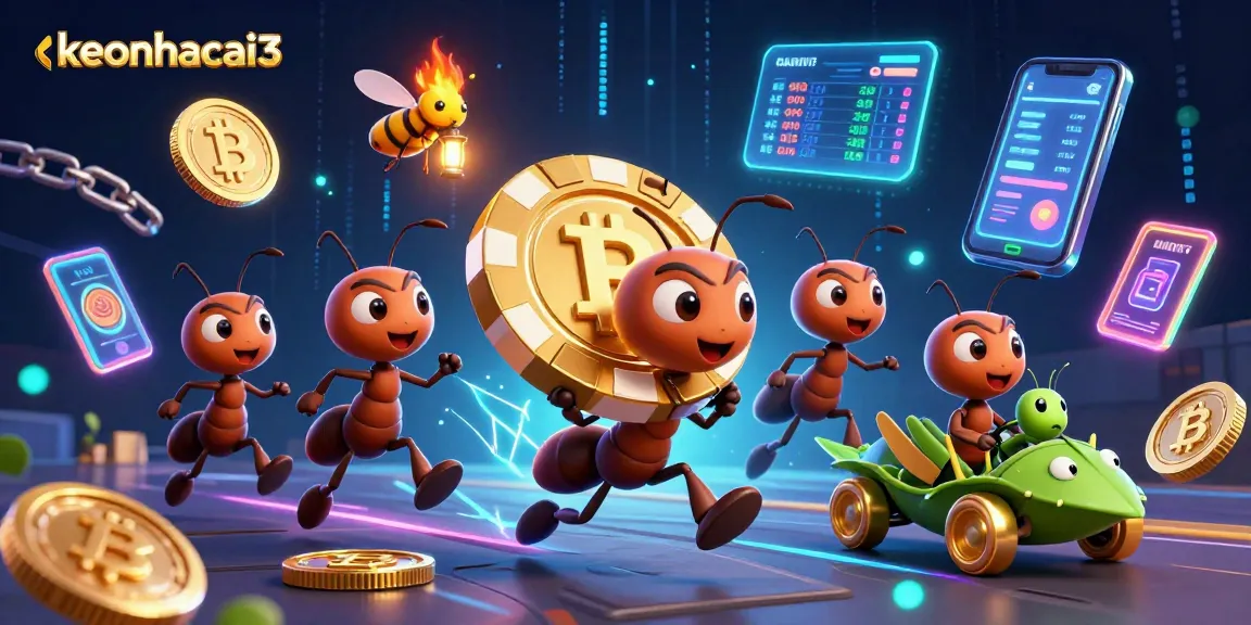 Experience a thrilling heist with keonhacai3 as cartoon ants steal giant poker chips amidst crypto elements.