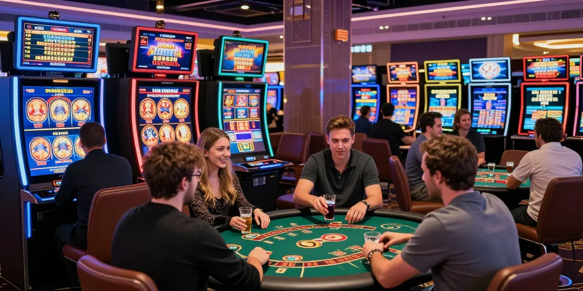 Engaging scene of players enjoying new online casinos with vibrant slot machines and table games, showcasing a lively gaming atmosphere.