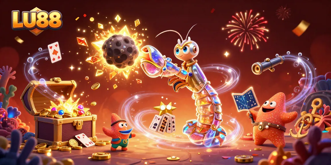 LU88 showcases a galactic samurai mantis shrimp in a thrilling casino scene of gold coins and cards.