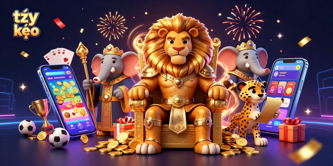 Engage with tỷ lệ kèo featuring a lion king, elephant advisor, and cheetah messenger amidst vibrant sports betting elements.