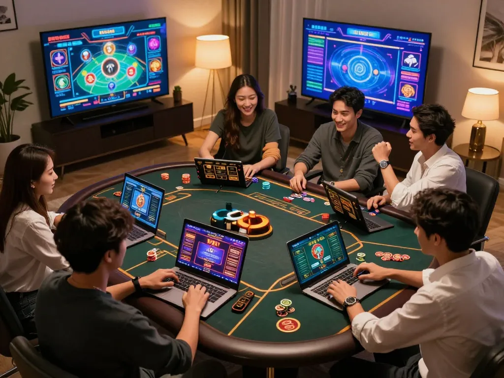 Kuwin players enjoying online casino games on laptops, showcasing excitement and strategy in a cozy setting.