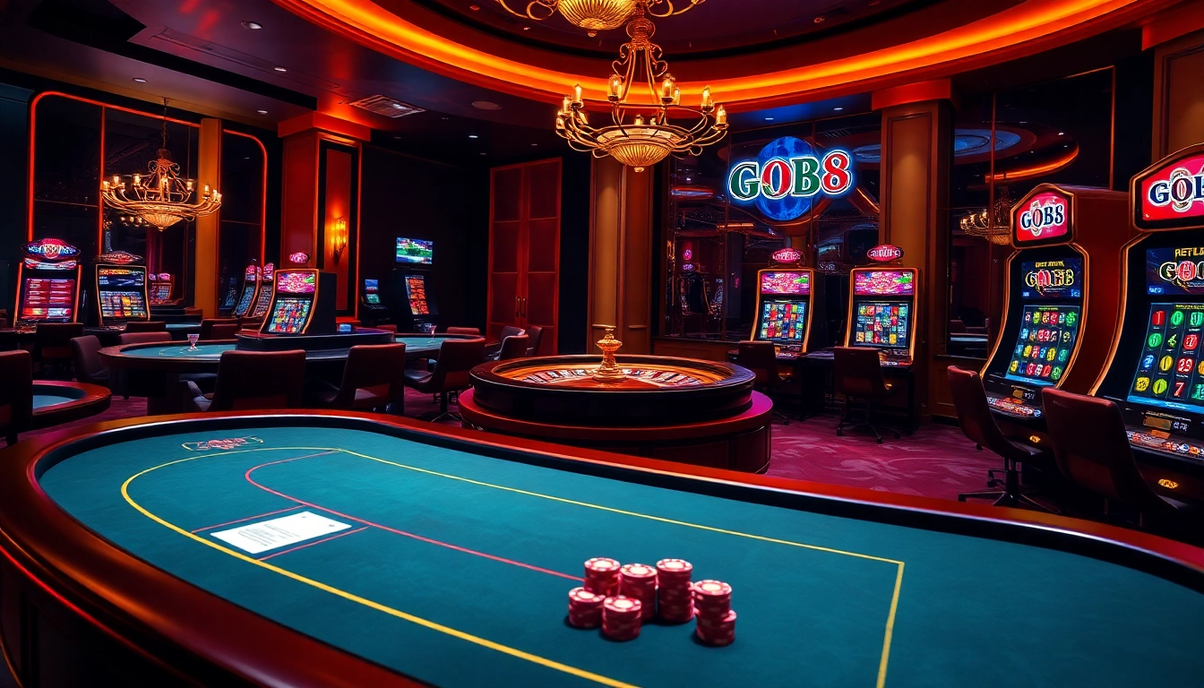 High-stakes excitement at go88 com with vibrant slot machines and elegant casino tables.