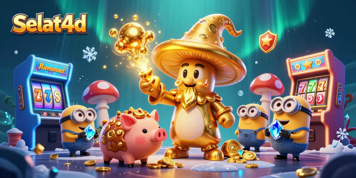 Experience the thrill of selat4d with golden mushrooms, treasure-hunting pigs, and vibrant casino elements.