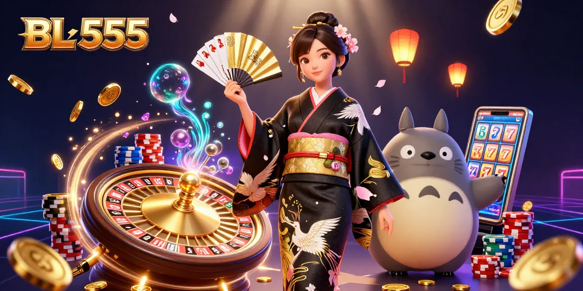 Experience the excitement of BL 555 with dynamic gaming elements, featuring royal flush cards and cascading coins.