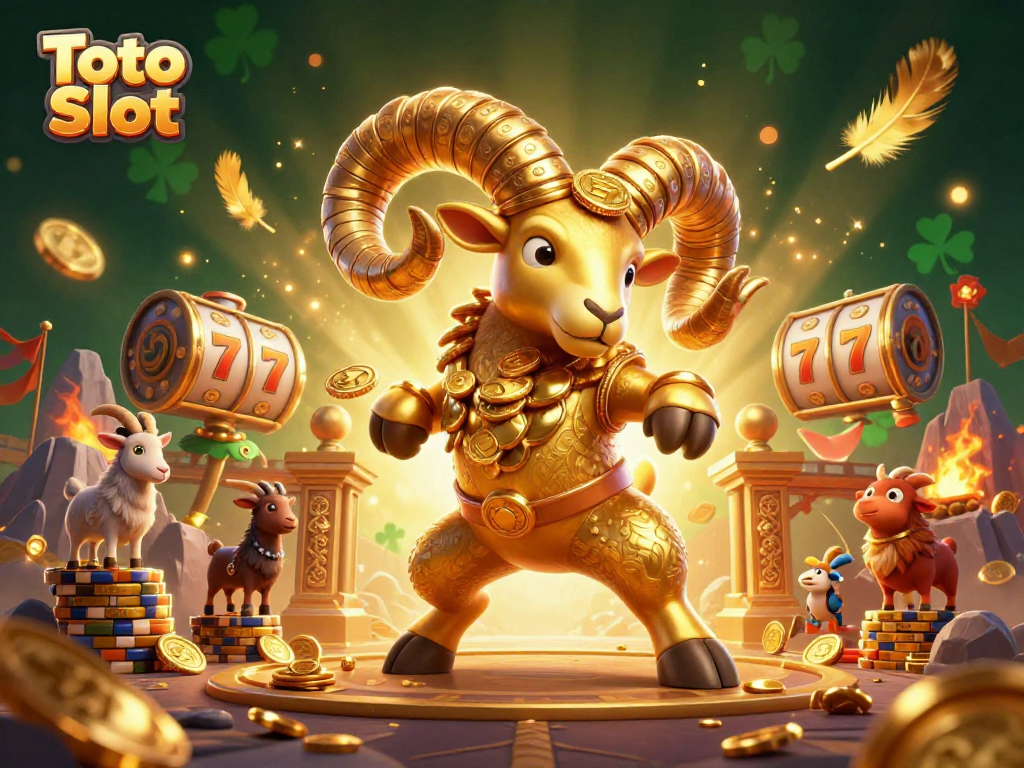 Toto Slot’s thrilling action featuring a gold ram charging through a vibrant slot scene.