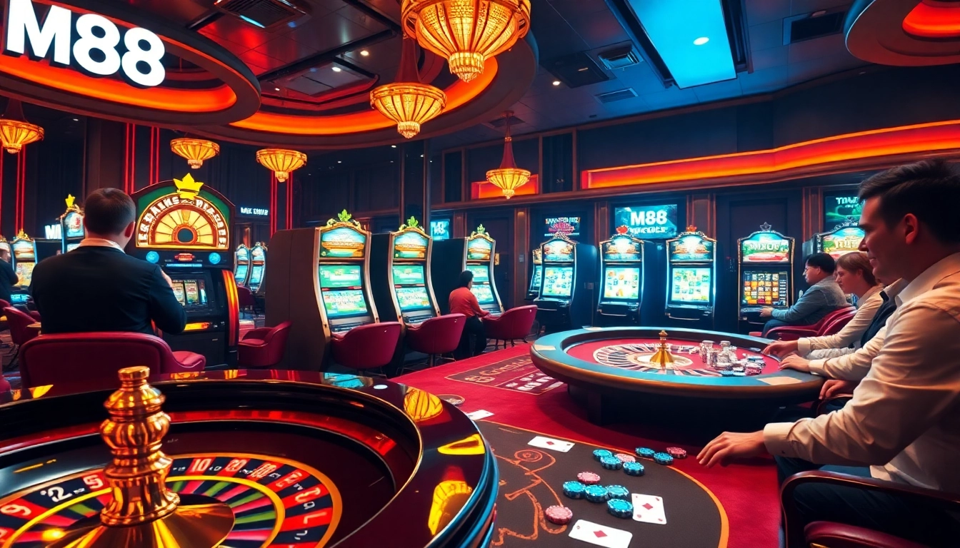 Players enjoying exciting gaming experiences at nhà cái M88 casino with vibrant slot machines and poker tables.
