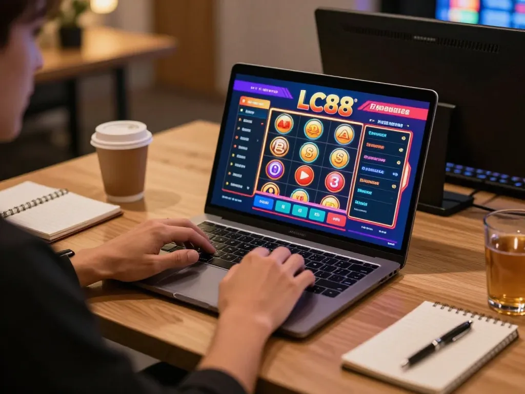 Engaging online gaming scene showcasing the lc88 platform with colorful slots and a cozy workspace.