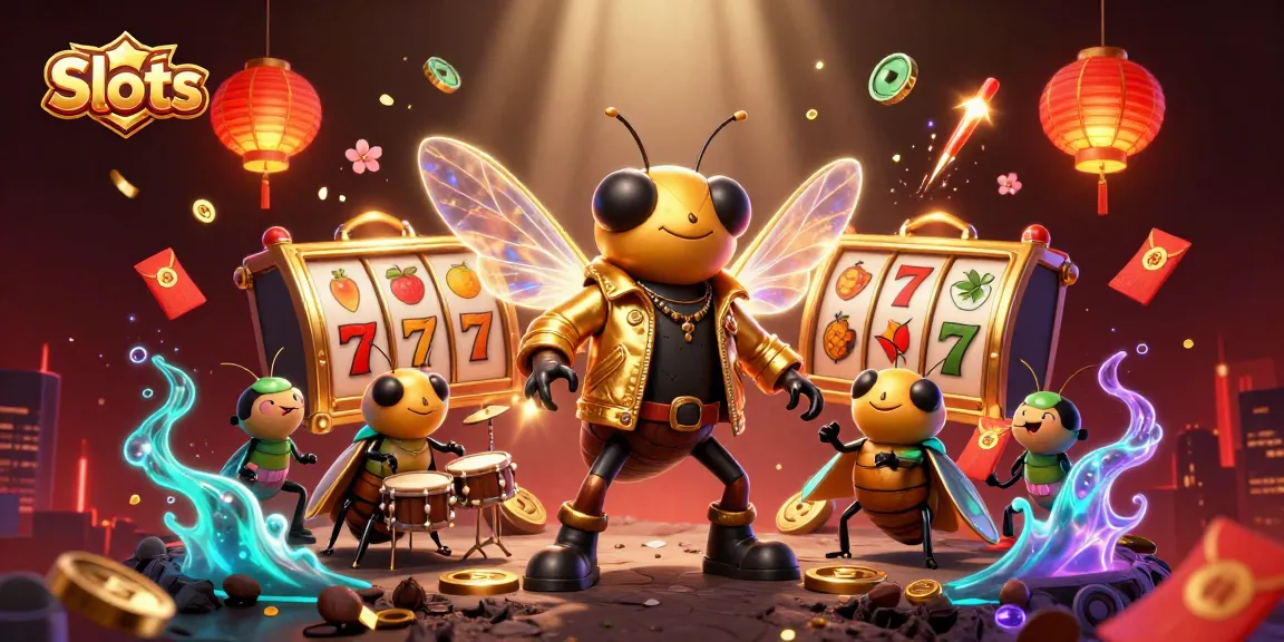 Spin premium Slots with a vibrant cicada rock star and gold-lit elements in an exciting casino scene.