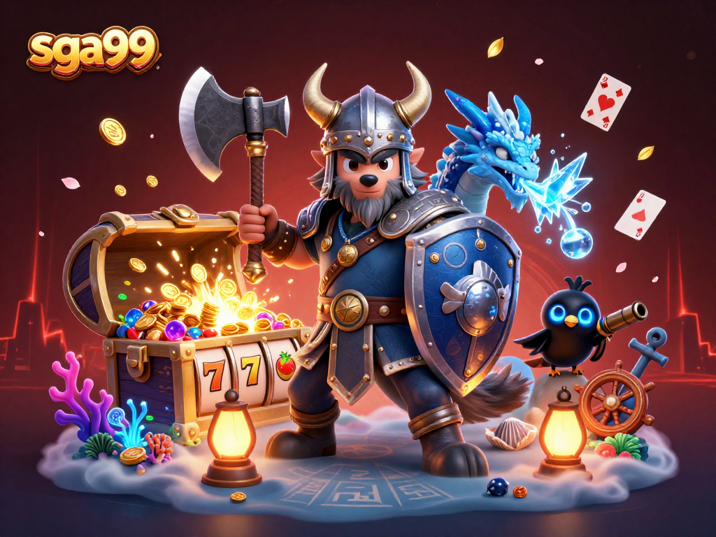 Experience the thrill of sga99 with a Viking wolf warrior, dragon, and immersive gaming elements.