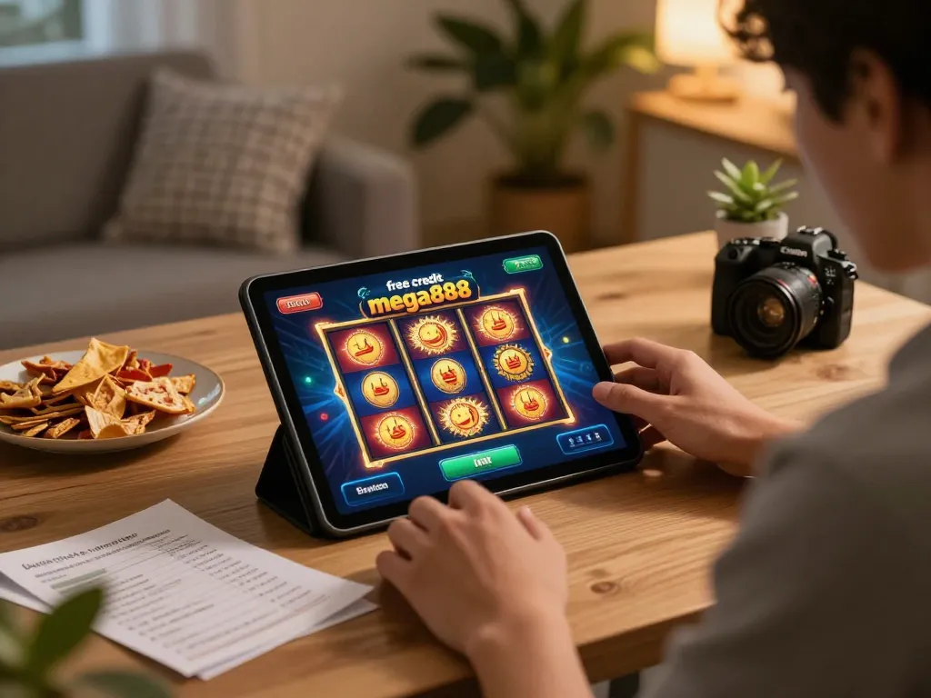 Engaged in free credit mega888 slot gameplay on tablet in a cozy home gaming setup.