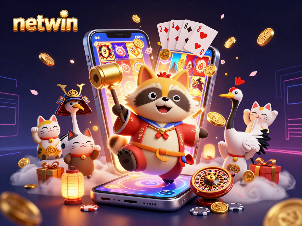 Experience vibrant gaming fun with netwin, featuring cheerful characters and exciting casino elements.