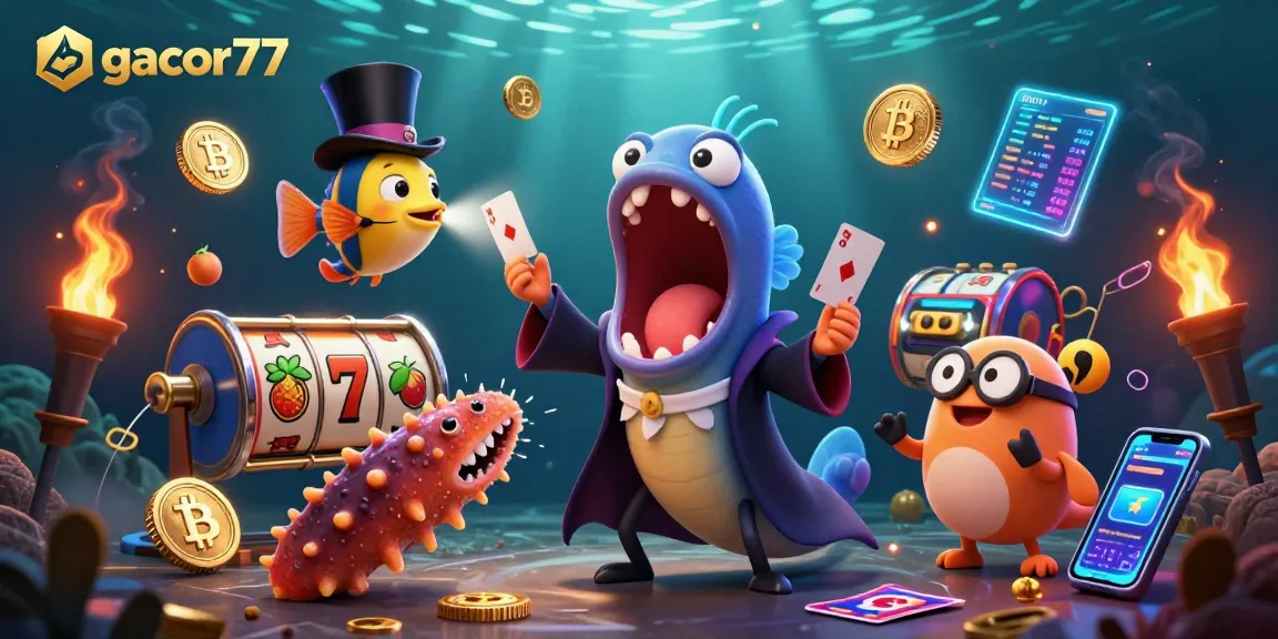 Gacor77 menghibur dengan permainan slot mengasyikkan dalam ilustrasi warna-warni.