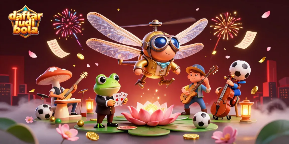 Engage in daftar judi bola with a vibrant 3D casino featuring a dragonfly pilot, frog dealer, and dynamic sports betting elements.