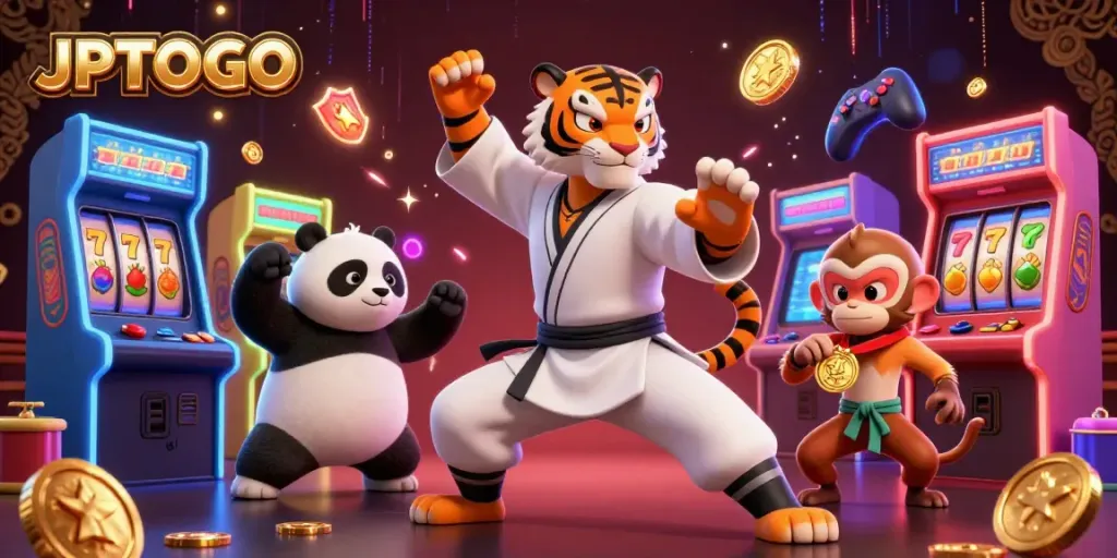 JPTOTO menawarkan slot gacor dengan grafik 3D dan karakter menarik di latar belakang kasino yang cerah.