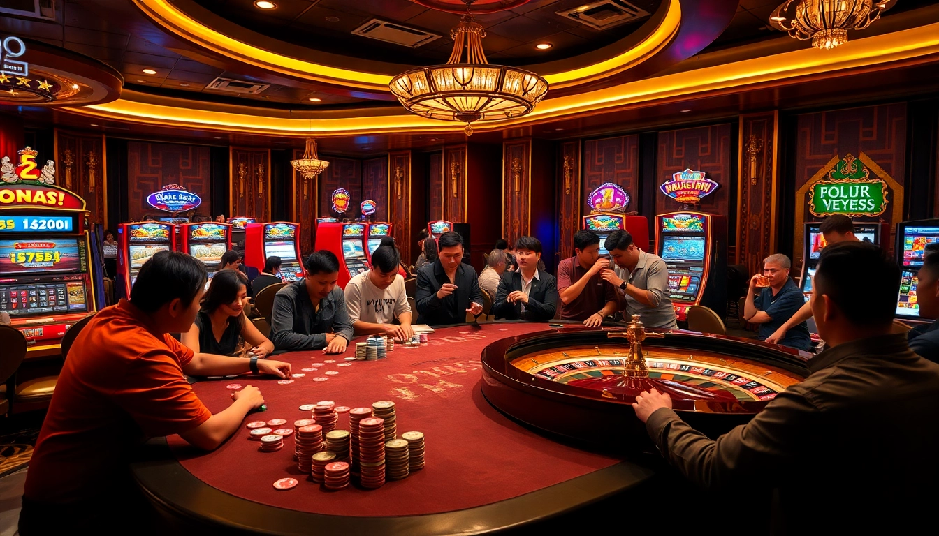 Players enjoying games at nohu90 com showcasing slot machines and poker tables in a vibrant casino atmosphere.