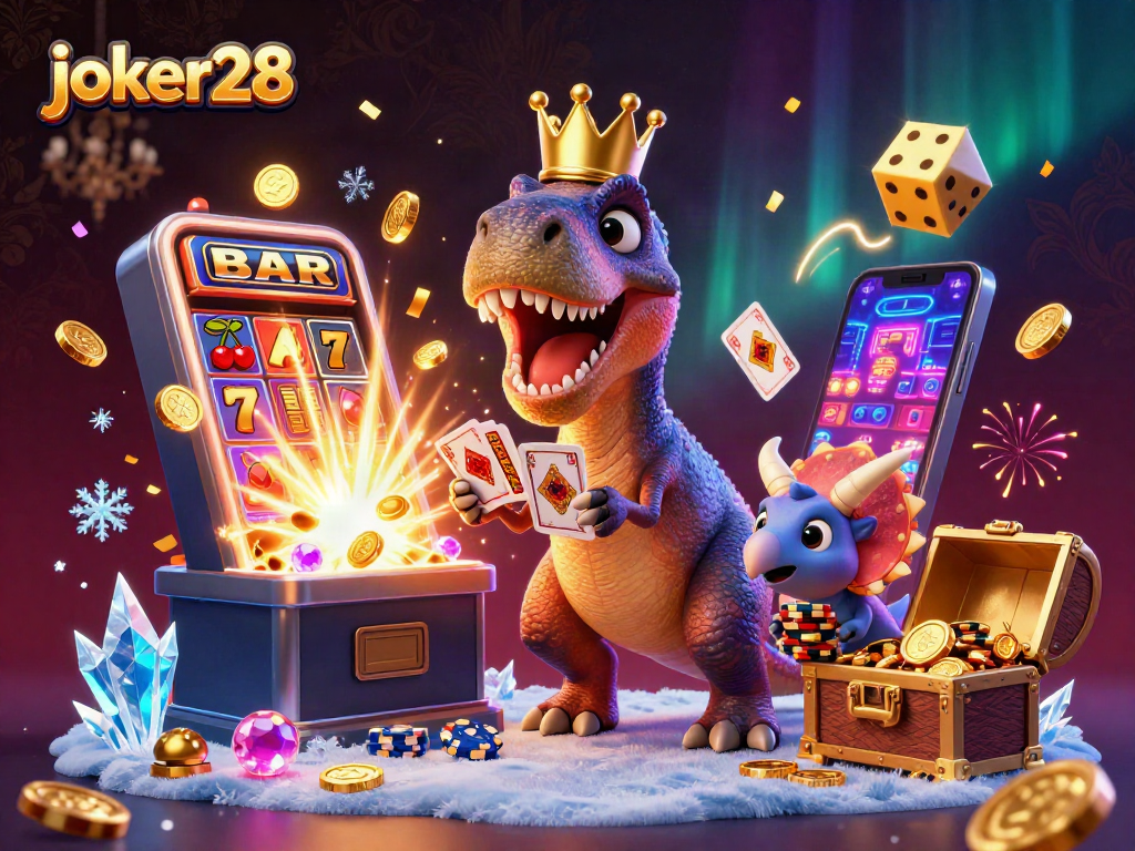 Spin to win with joker28 as a T-Rex shuffles cards, joined by friends in a vibrant casino scene.