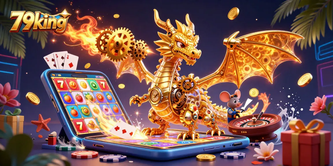 Engage with 79king's thrilling gaming adventure featuring a golden dragon amidst dynamic casino symbols.