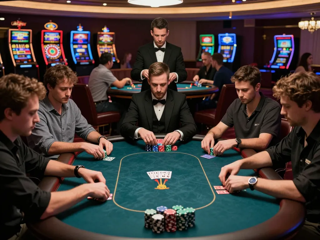 Experience cm88 đăng nhập with intense poker gameplay at a luxury casino, showcasing strategic player interactions.