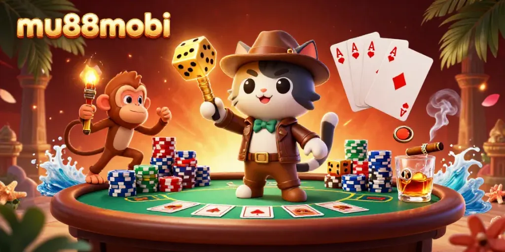 Engage in thrilling gameplay at mu88mobi with an archaeologist cat uncovering a golden casino artifact.