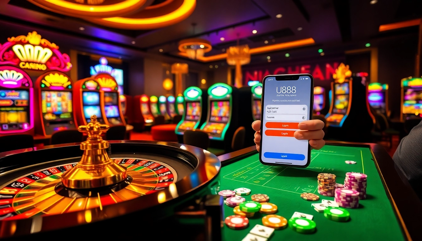 Registering for u888 abc login at an elegant casino with roulette and slot machines.
