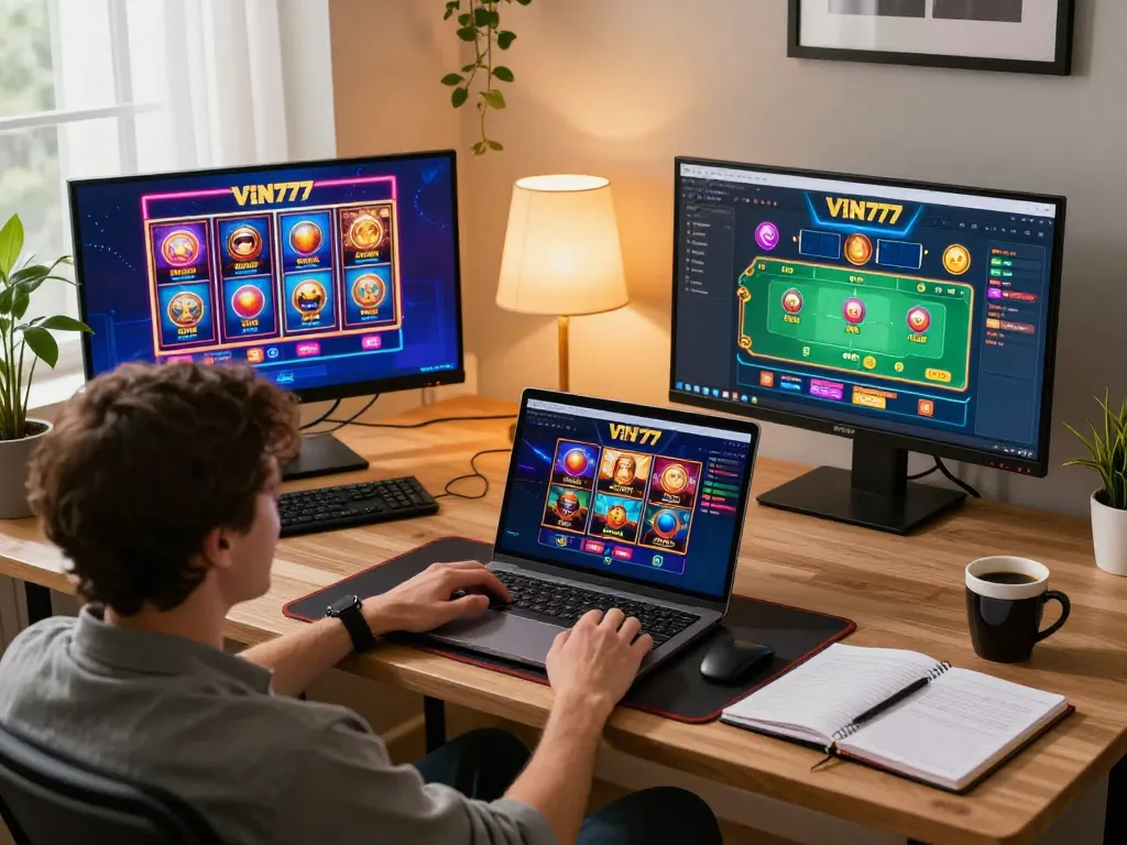 Engaging online gaming experience with VIN777, showcasing a cozy home gaming setup.